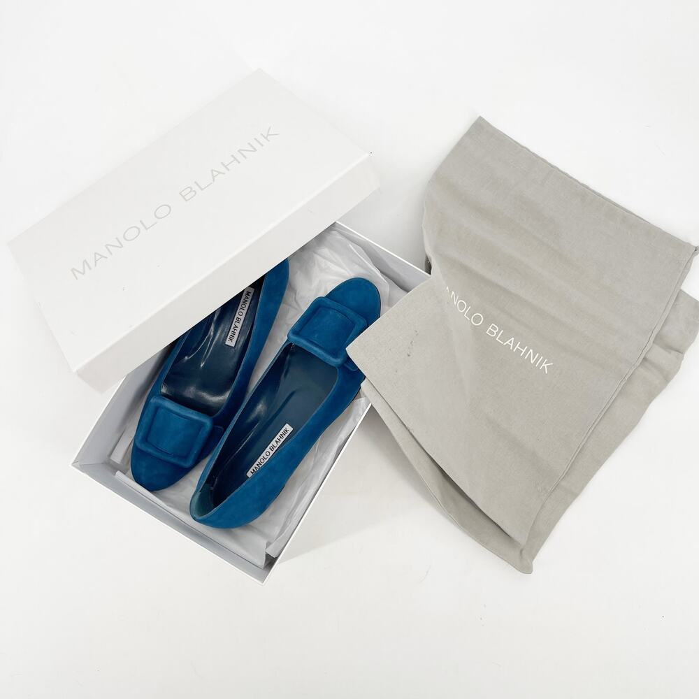 Manolo Blahnik Maydi Turquoise Suede Decorative Buckle Almond Toe Flats IT 37 - Picture 13 of 14